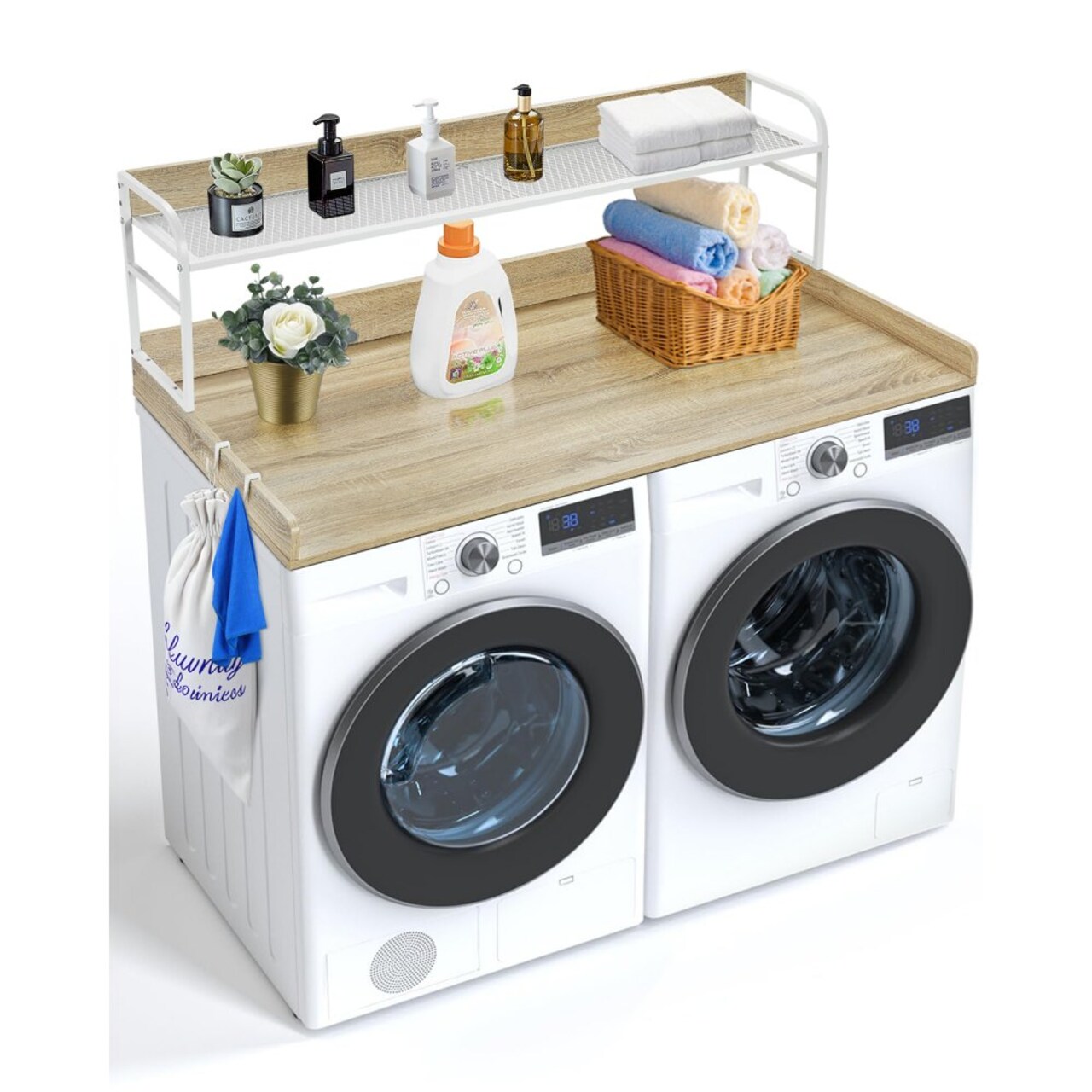 Multifunctional Washer Dryer Countertop with Storage Shelf and Hooks 54 Inch Laundry Room Organizer